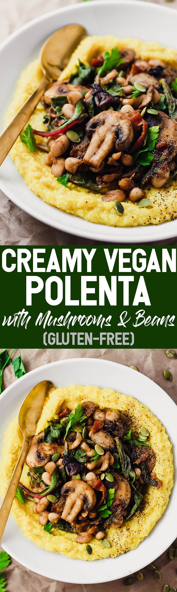 This Creamy Vegan Polenta with Mushrooms and Beans is an easy 30-minute dinner packed with whole grains, plant protein, and vegetables. Leftovers make great lunches!