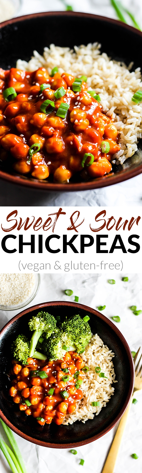 Craving take-out but want a home-cooked meal? Try these Vegan Sweet and Sour Chickpeas over a bed of brown rice and vegetables! They're not too sweet, saucy, and done in 30 minutes.