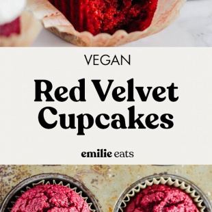 These fluffy Vegan Red Velvet Cupcakes are hiding a secret ingredients (beets!), but no one will ever know! They're perfectly sweet and made with simple ingredients. Topped off with a creamy coconut frosting! #dessert #cupcakes #vegan #beet #healthydessert #dairyfree #valentinesday