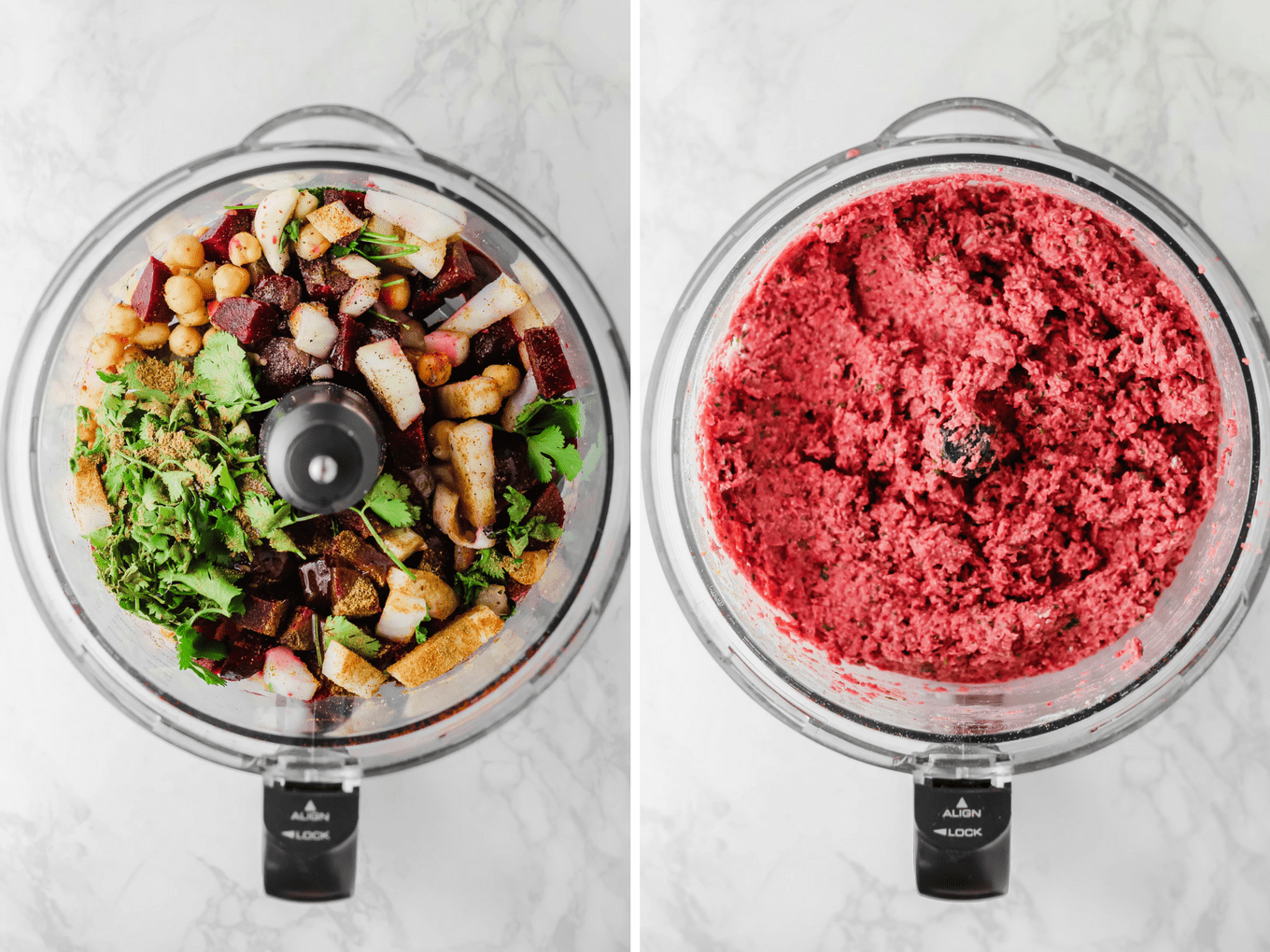 a food processor full of a beet falafel mixture