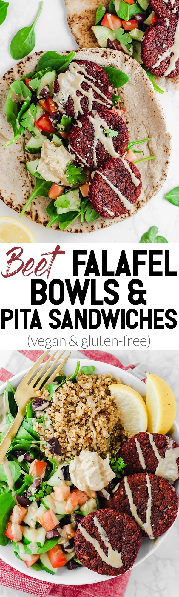 Switch up traditional falafels with these colorful, veggie-packed Beet Falafel Bowls and Pita Sandwiches! Everything comes together in 30 minutes for a wholesome dinner or on-the-go lunch. (vegan & gluten-free)