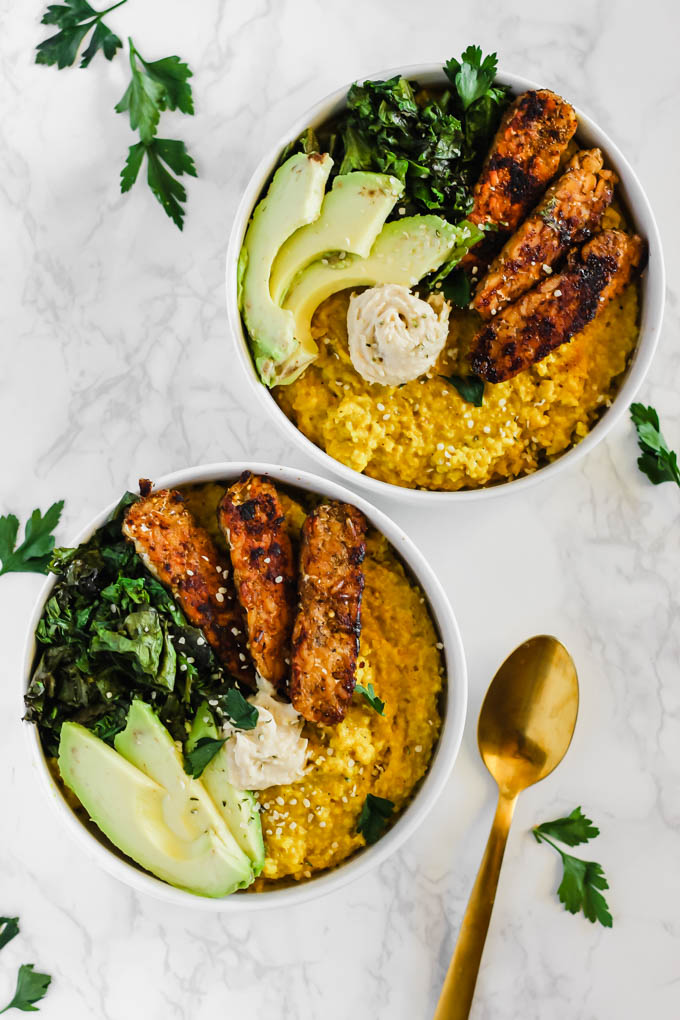 Enjoy these Savory Turmeric Oat Bowls for breakfast, lunch, or dinner as a hearty, nourishing meal! The turmeric adds an anti-inflammatory boost, and the tempeh bacon will satisfy your tastebuds.