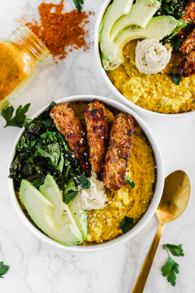 Enjoy these Savory Turmeric Oat Bowls for breakfast, lunch, or dinner as a hearty, nourishing meal! The turmeric adds an anti-inflammatory boost, and the tempeh bacon will satisfy your tastebuds.