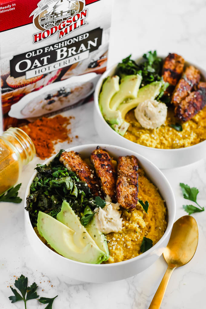 Enjoy these Savory Turmeric Oat Bowls for breakfast, lunch, or dinner as a hearty, nourishing meal! The turmeric adds an anti-inflammatory boost, and the tempeh bacon will satisfy your tastebuds.