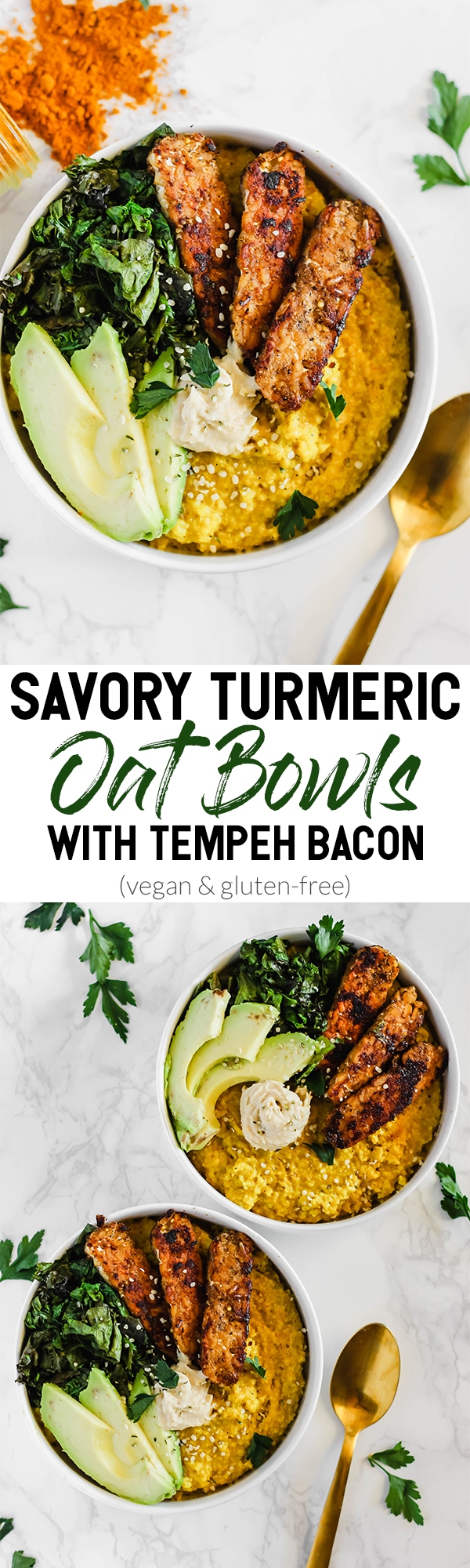 Enjoy these Savory Turmeric Oat Bowls for breakfast, lunch, or dinner as a hearty, nourishing meal! The turmeric adds an anti-inflammatory boost, and the tempeh bacon will satisfy your tastebuds.