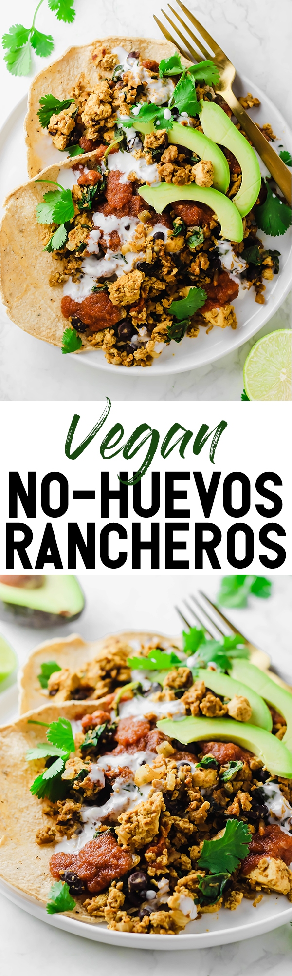 This protein-packed Vegan No-Huevos Rancheros dish is the perfect savory meal to serve for brunch, lunch, or dinner! Top with zesty ranchero sauce and tangy dairy-free sour cream for the ultimate plate.