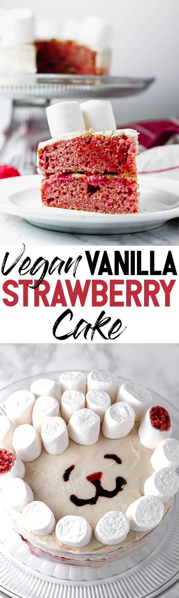This fluffy, decadent Vegan Vanilla Strawberry Cake is perfect for any occasion—Easter, baby showers, birthday parties, you name it! To make it extra special for Easter, the cake is decorated with a marshmallow lamb.