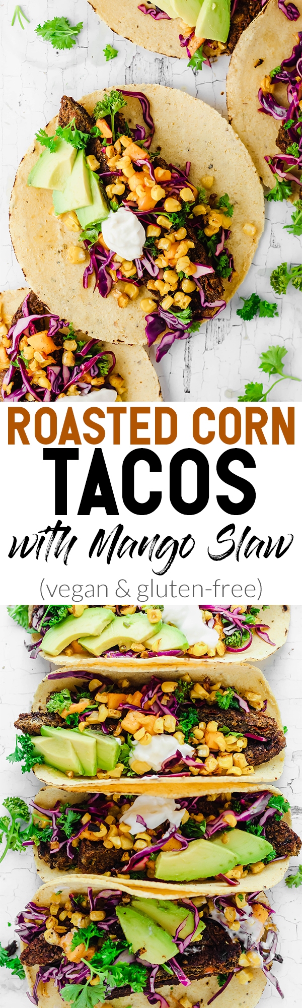 These Roasted Corn Tacos with Mango Slaw feature seasonal produce and hearty veggie burgers for a dinner recipe that comes together in under 1 hour. These will give you serious beach vibes! (vegan & gluten-free)