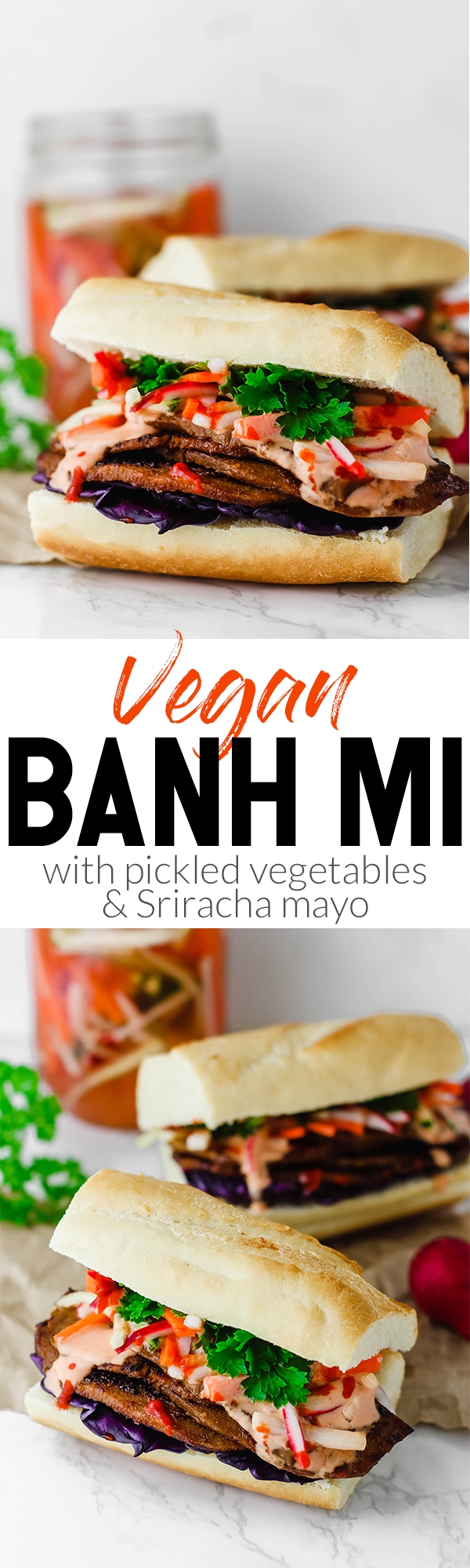 Layers of seitan are piled high with pickled vegetables and Sriracha mayo on a fluffy baguette in this Vegan Banh Mi! These satisfying sandwiches are great for packable lunches or to serve to a crowd.