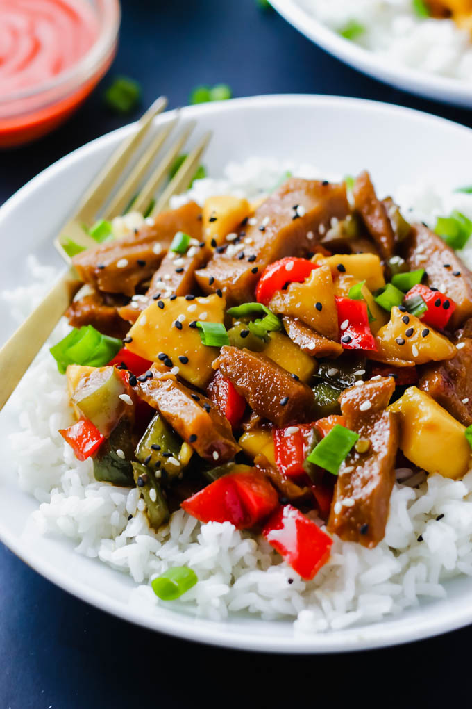 Sweet, savory, tangy... this Vegetable Mango Stir Fry does it all! Protein-rich seitan and fresh vegetables are coated in a homemade teriyaki sauce and served over rice. Move over, take-out! (vegan)