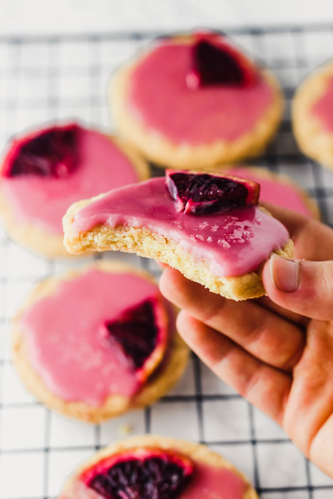 a hand holding a sugar cookie with a bite taken out of it