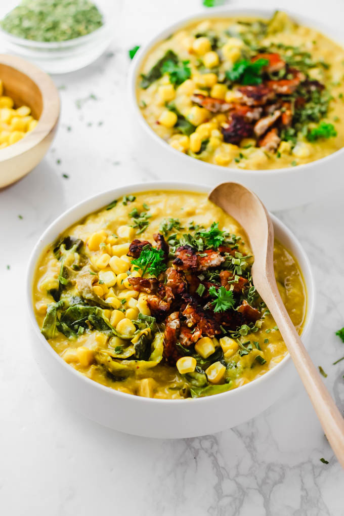 This Yellow Split Pea Chowder is hearty, nutritious & a great way to use seasonal sweet corn! This golden soup is creamy & rich thanks to cashew cream. (vegan & gluten-free)