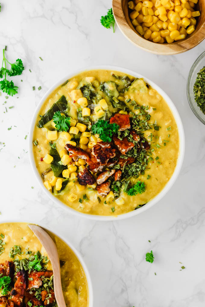 This Yellow Split Pea Chowder is hearty, nutritious & a great way to use seasonal sweet corn! This golden soup is creamy & rich thanks to cashew cream. (vegan & gluten-free)