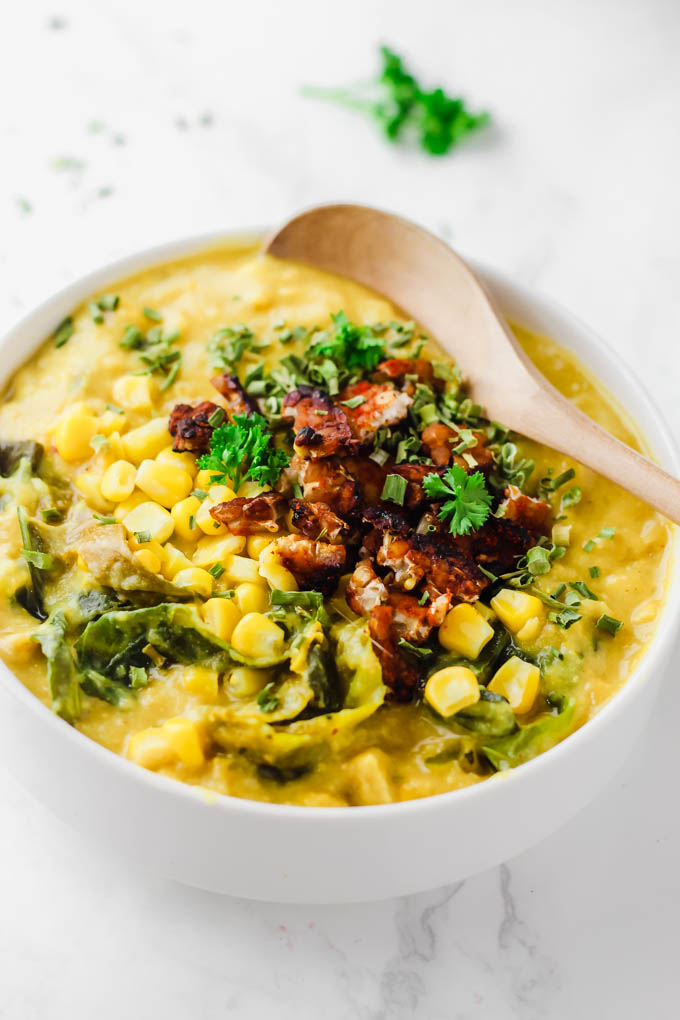 This Yellow Split Pea Chowder is hearty, nutritious & a great way to use seasonal sweet corn! This golden soup is creamy & rich thanks to cashew cream. (vegan & gluten-free)