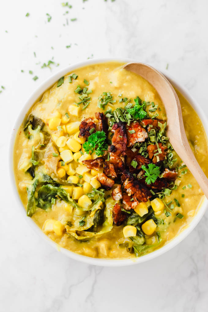 This Yellow Split Pea Chowder is hearty, nutritious & a great way to use seasonal sweet corn! This golden soup is creamy & rich thanks to cashew cream. (vegan & gluten-free)