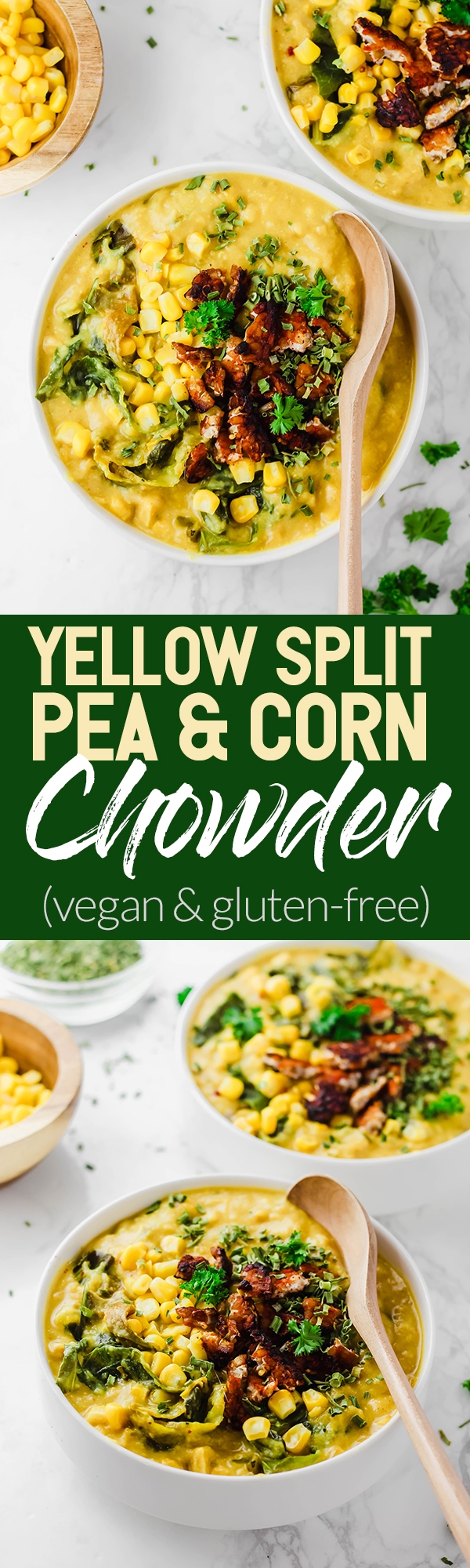 This Yellow Split Pea Chowder is hearty, nutritious & a great way to use seasonal sweet corn! This golden soup is creamy & rich thanks to cashew cream. (vegan & gluten-free)