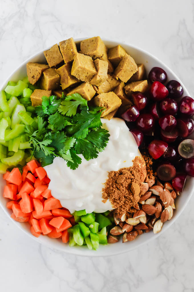 This creamy Curried Seitan Salad requires no cooking and is a refreshing meal to help you cool off this summer! It’s full of crunchy vegetables, protein-packed seitan and sweet grapes. (vegan)