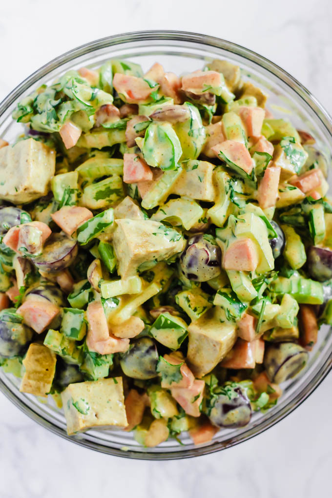This creamy Curried Seitan Salad requires no cooking and is a refreshing meal to help you cool off this summer! It’s full of crunchy vegetables, protein-packed seitan and sweet grapes. (vegan)