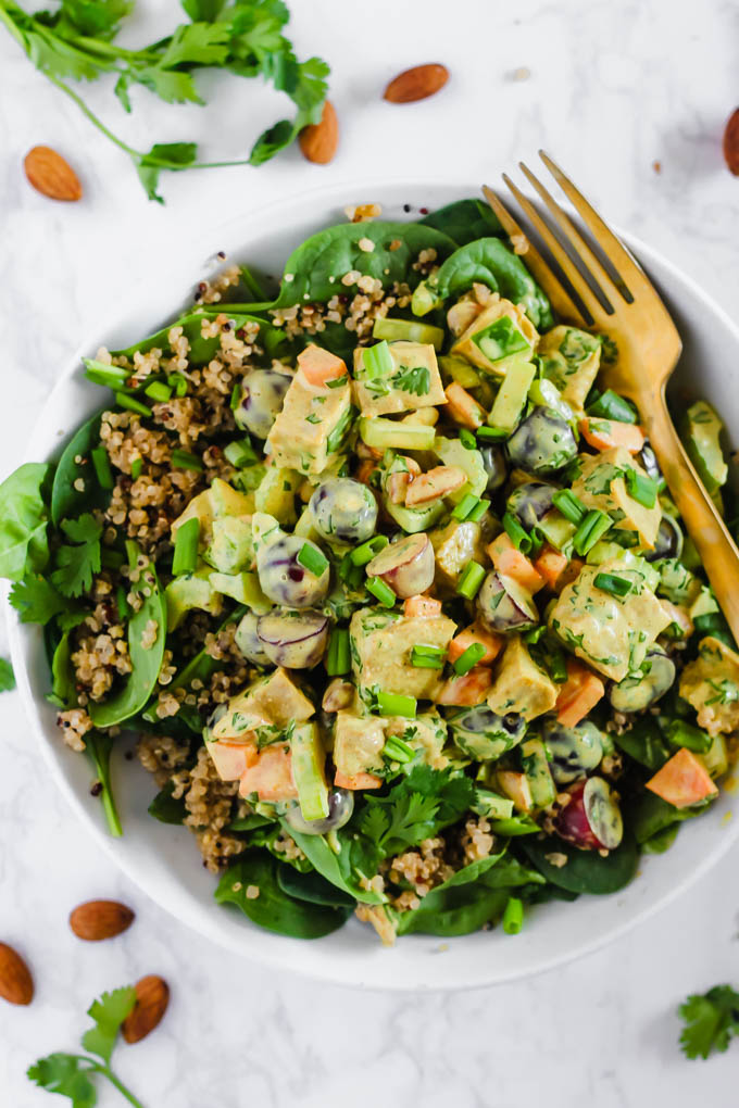 This creamy Curried Seitan Salad requires no cooking and is a refreshing meal to help you cool off this summer! It’s full of crunchy vegetables, protein-packed seitan and sweet grapes. (vegan)