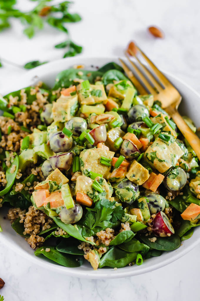 This creamy Curried Seitan Salad requires no cooking and is a refreshing meal to help you cool off this summer! It’s full of crunchy vegetables, protein-packed seitan and sweet grapes. (vegan)