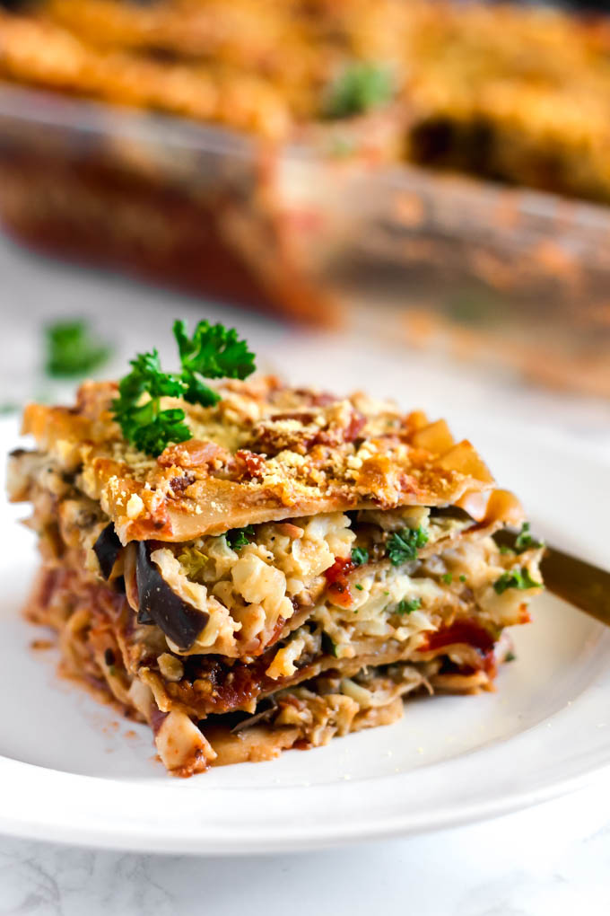 a slice of vegan roasted vegetable lasagna