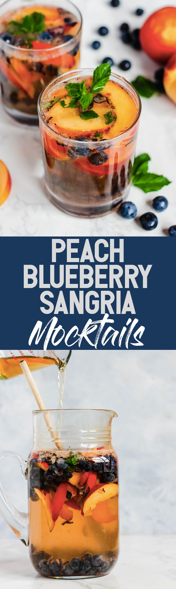 These Peach Blueberry Sangria Mocktails are packed with seasonal summer fruit for refreshing, non-alcoholic drinks for all ages to enjoy! They’re infused with fresh mint and apple cider vinegar for extra flavor.