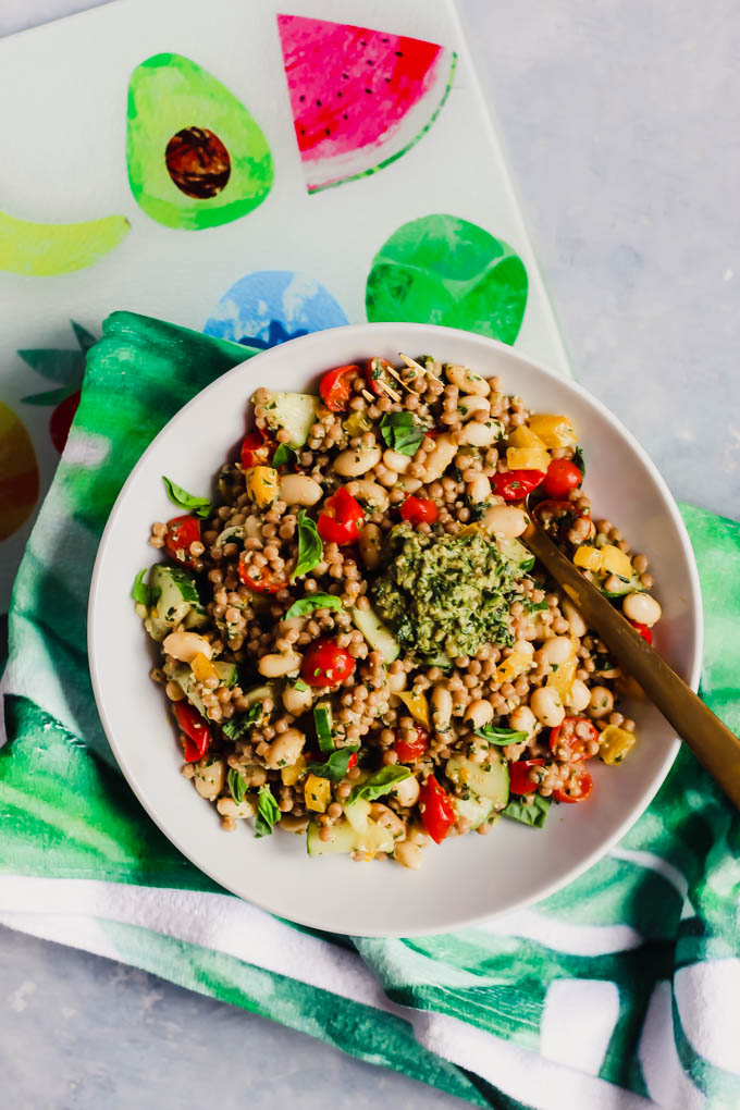 Whip up this colorful Pesto Couscous Salad for an easy lunch or dinner packed with fresh vegetables, whole grains and beans. It’s done in under 30 minutes! (vegan)