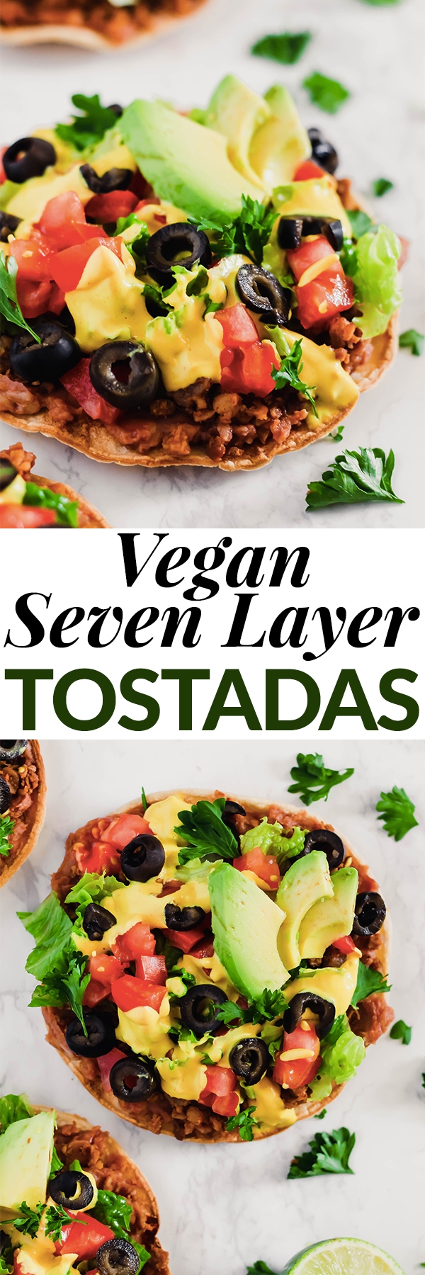 These Vegan Seven Layer Tostadas are loaded with all of your favorite taco toppings like beans, cashew cheese and avocado! A healthy 30-minute meal great for busy weeknights or for serving a crowd.