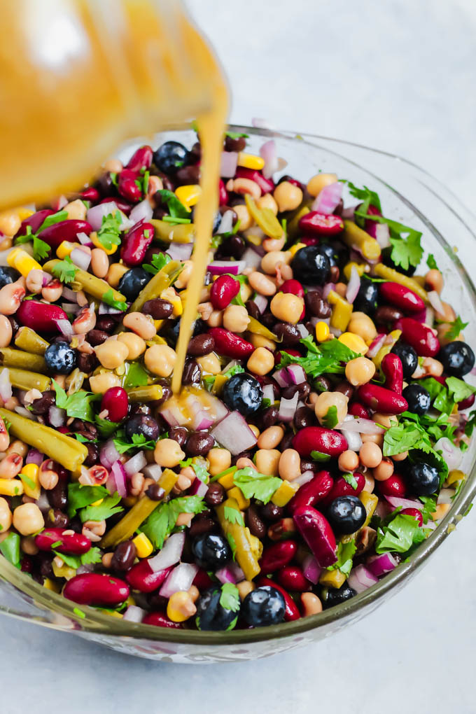 This Blueberry Five Bean Salad makes a light, healthy lunch or crowd-pleasing appetizer when served with chips! It’s full of fiber, plant-based protein and has a flavorful antioxidant-infused berry dressing.