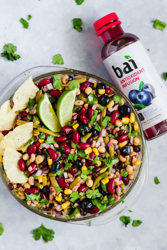 This Blueberry Five Bean Salad makes a light, healthy lunch or crowd-pleasing appetizer when served with chips! It’s full of fiber, plant-based protein and has a flavorful antioxidant-infused berry dressing.