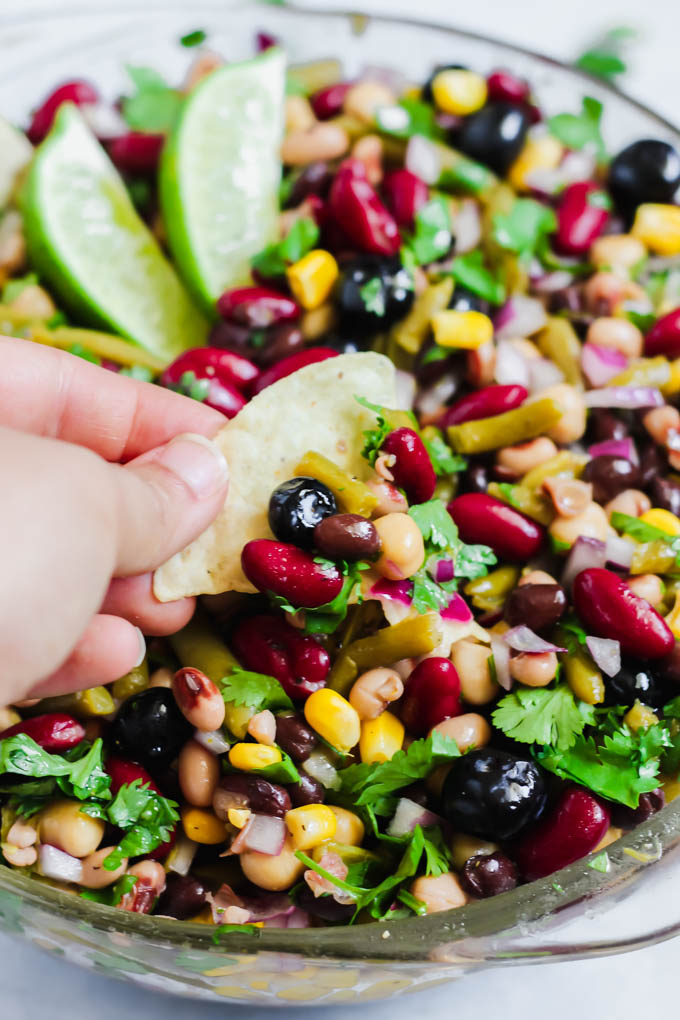 This Blueberry Five Bean Salad makes a light, healthy lunch or crowd-pleasing appetizer when served with chips! It’s full of fiber, plant-based protein and has a flavorful antioxidant-infused berry dressing.