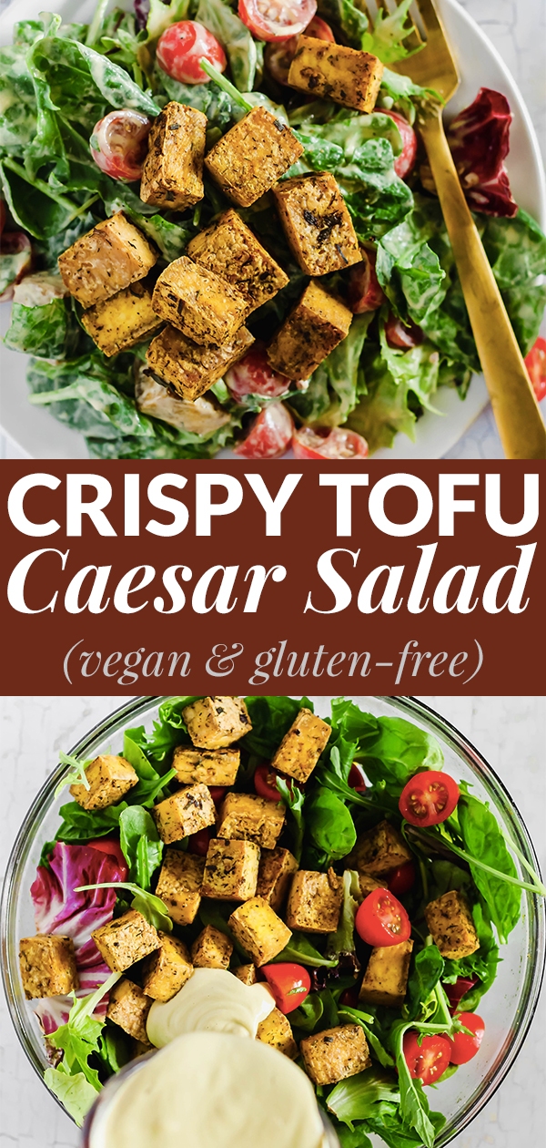 No more sad salads! This Crispy Tofu Caesar Salad is a dairy-free version of the classic dish with a tangy cashew dressing and baked tofu cubes. Serve it as a side or enjoy it for a meal. Vegan & gluten-free!