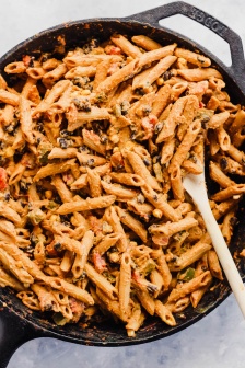 a pasta skillet with a vegan chipotle yogurt sauce