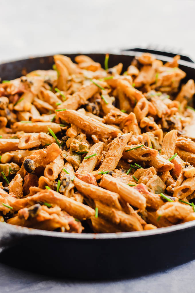 a Mexican pasta skillet topped with chives