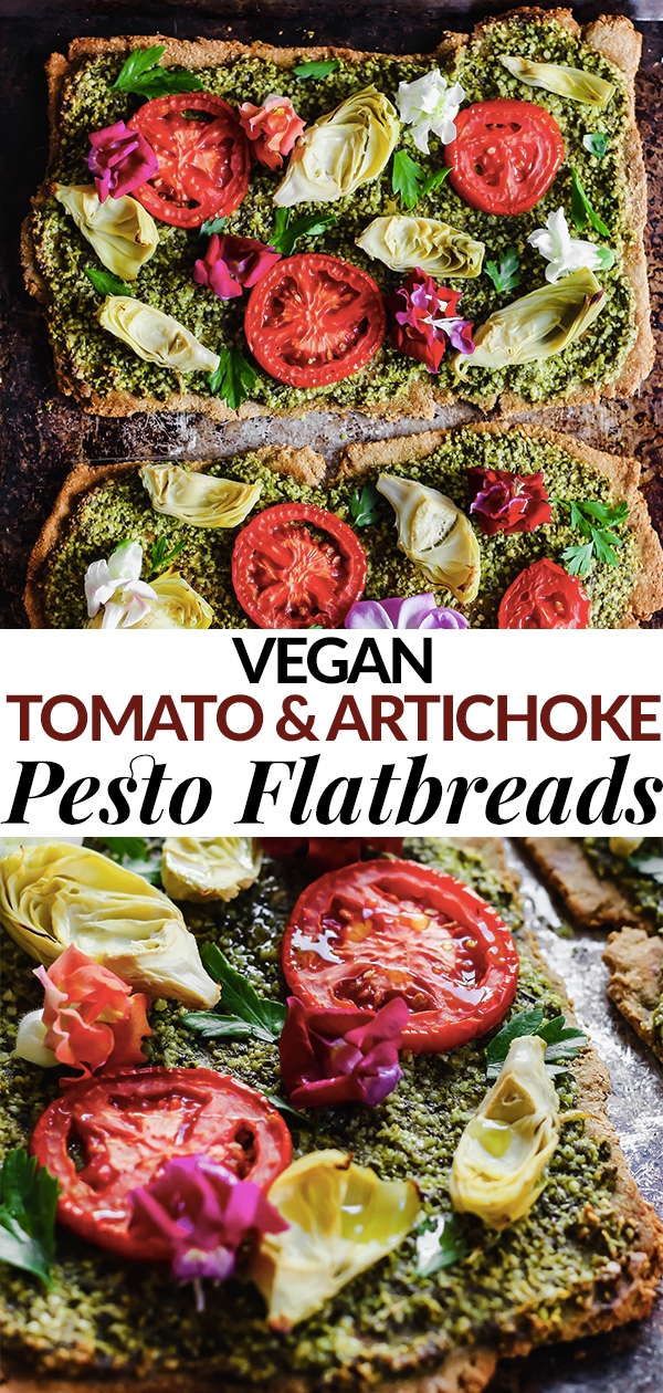 Impress your dinner party guests with this beautiful Floral Tomato & Artichoke Pesto Flatbread! This appetizer only requires 30 minutes to make & is full of flavor. (vegan)