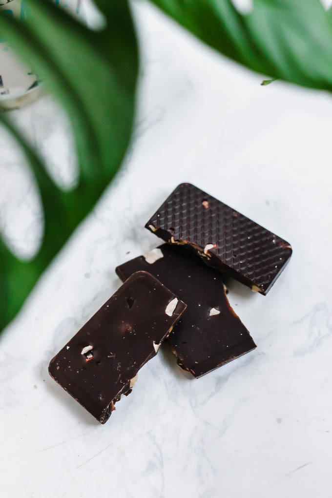 three pieces of vegan dark-chocolate