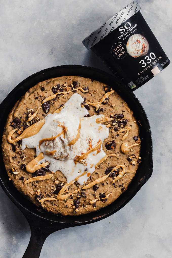 What’s better than a giant cookie? A giant Chocolate Chip Peanut Butter Skillet Cookie! It’s rich and fudgy, but made a bit healthier using oats and lentils. Vegan & gluten-free!