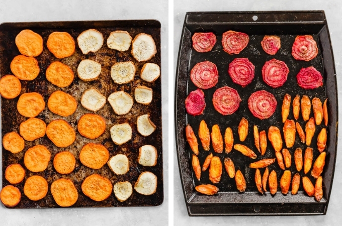two baking sheets topped with sliced vegetables