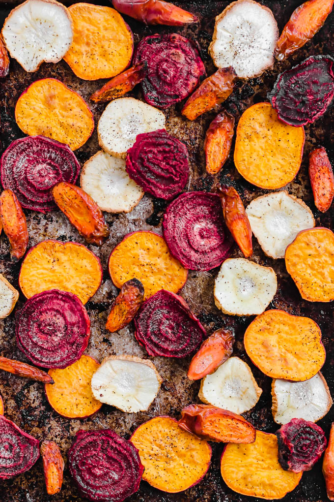 a tray of roasted root vegetables