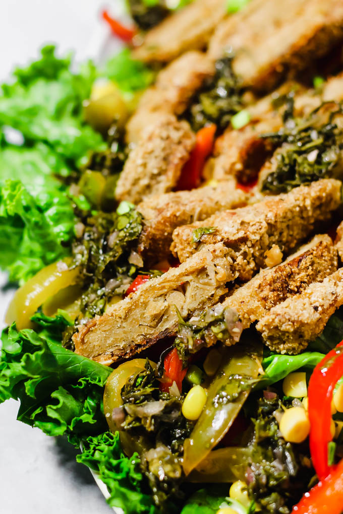 This Vegan Chicken Fajita Salad is a tasty, wholesome dinner that is done in under 30 minutes. It features vegan chick'n tenders and creamy avocado—no sad salad here!