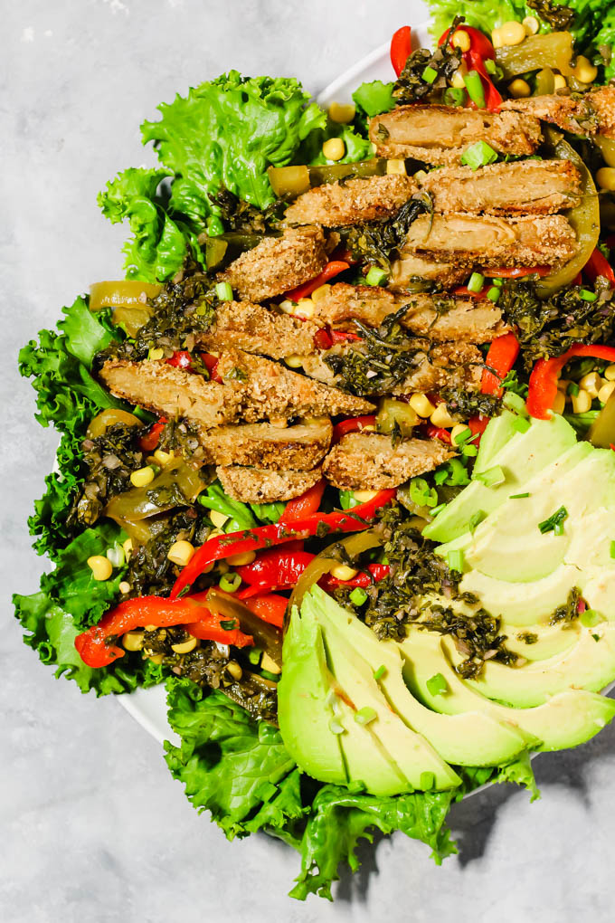 This Vegan Chicken Fajita Salad is a tasty, wholesome dinner that is done in under 30 minutes. It features vegan chick'n tenders and creamy avocado—no sad salad here!