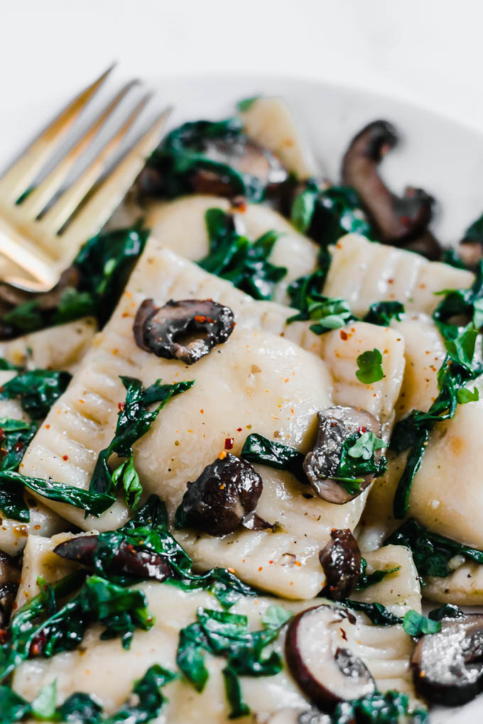 a bowl of vegan mushroom ravioli