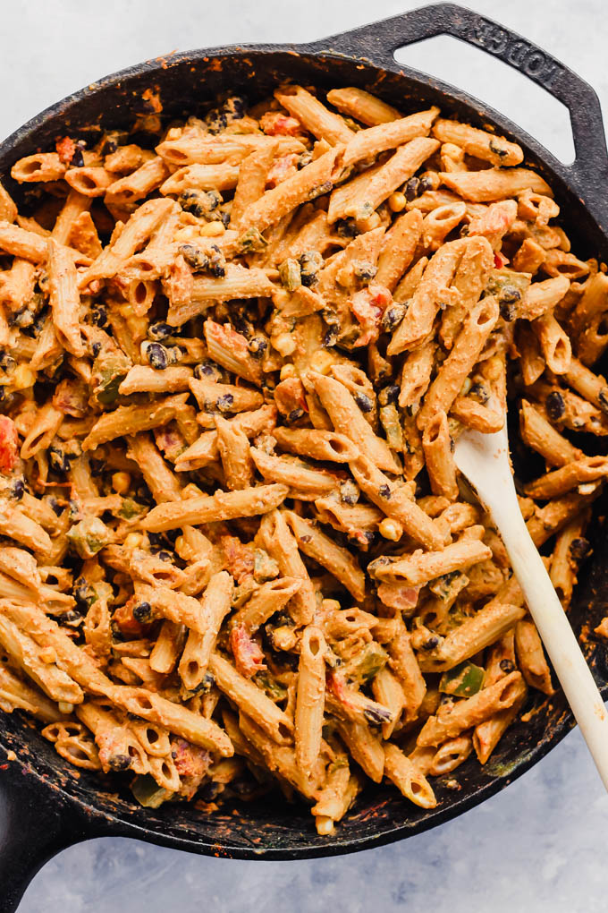 A cast iron skillet serving a one-pot Mexican pasta