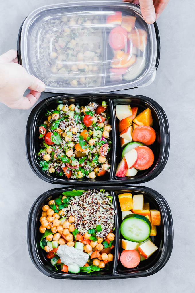 Use the same three ingredients (chickpeas, quinoa and spinach) to cook three different vegan meal prep recipes for the week! These healthy meals are wholesome, balanced and full of fresh ingredients.