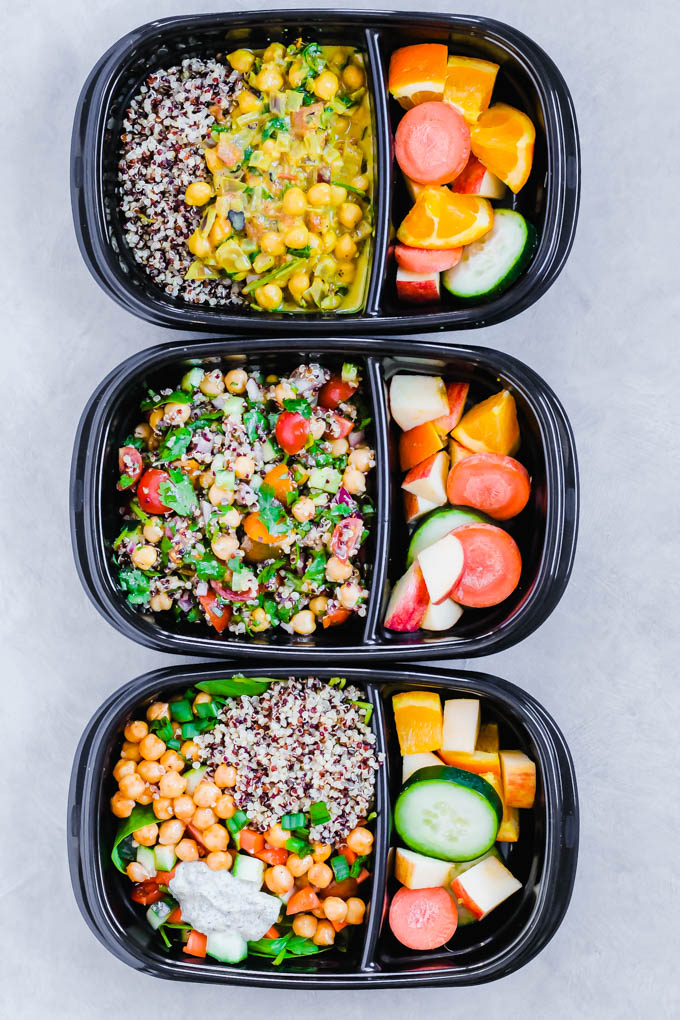 Use the same three ingredients (chickpeas, quinoa and spinach) to cook three different vegan meal prep recipes for the week! These healthy meals are wholesome, balanced and full of fresh ingredients.