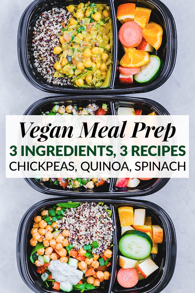 Use the same three ingredients (chickpeas, quinoa and spinach) to cook three different vegan meal prep recipes for the week! These healthy meals are wholesome, balanced and full of fresh ingredients.