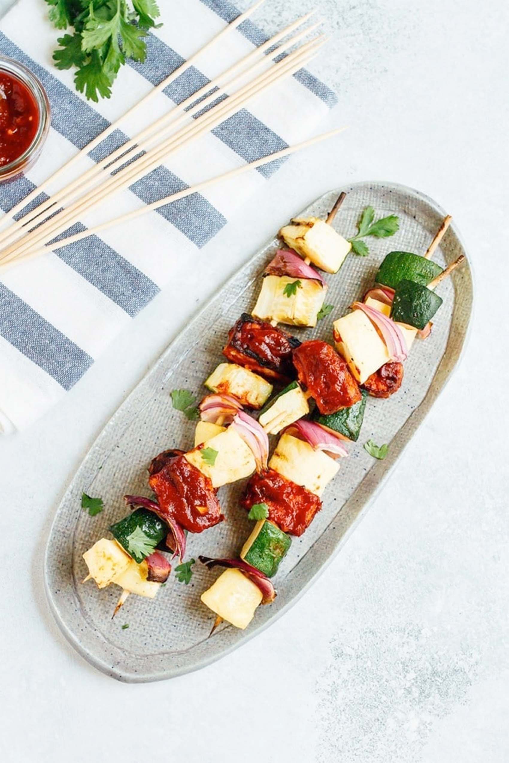 two vegetable and tempeh skewers