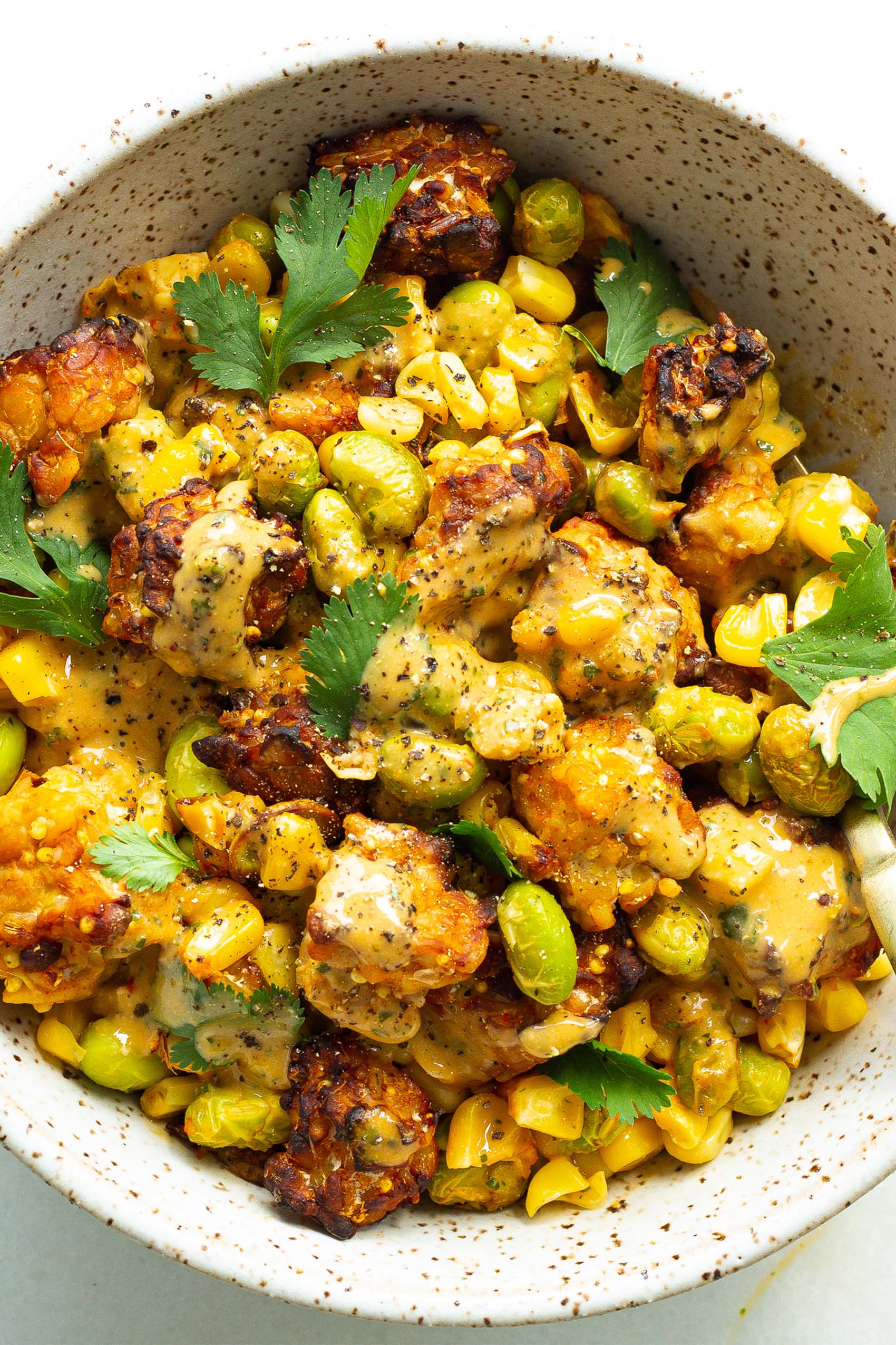 a bowl of fried tempeh with veggies and fresh herbs