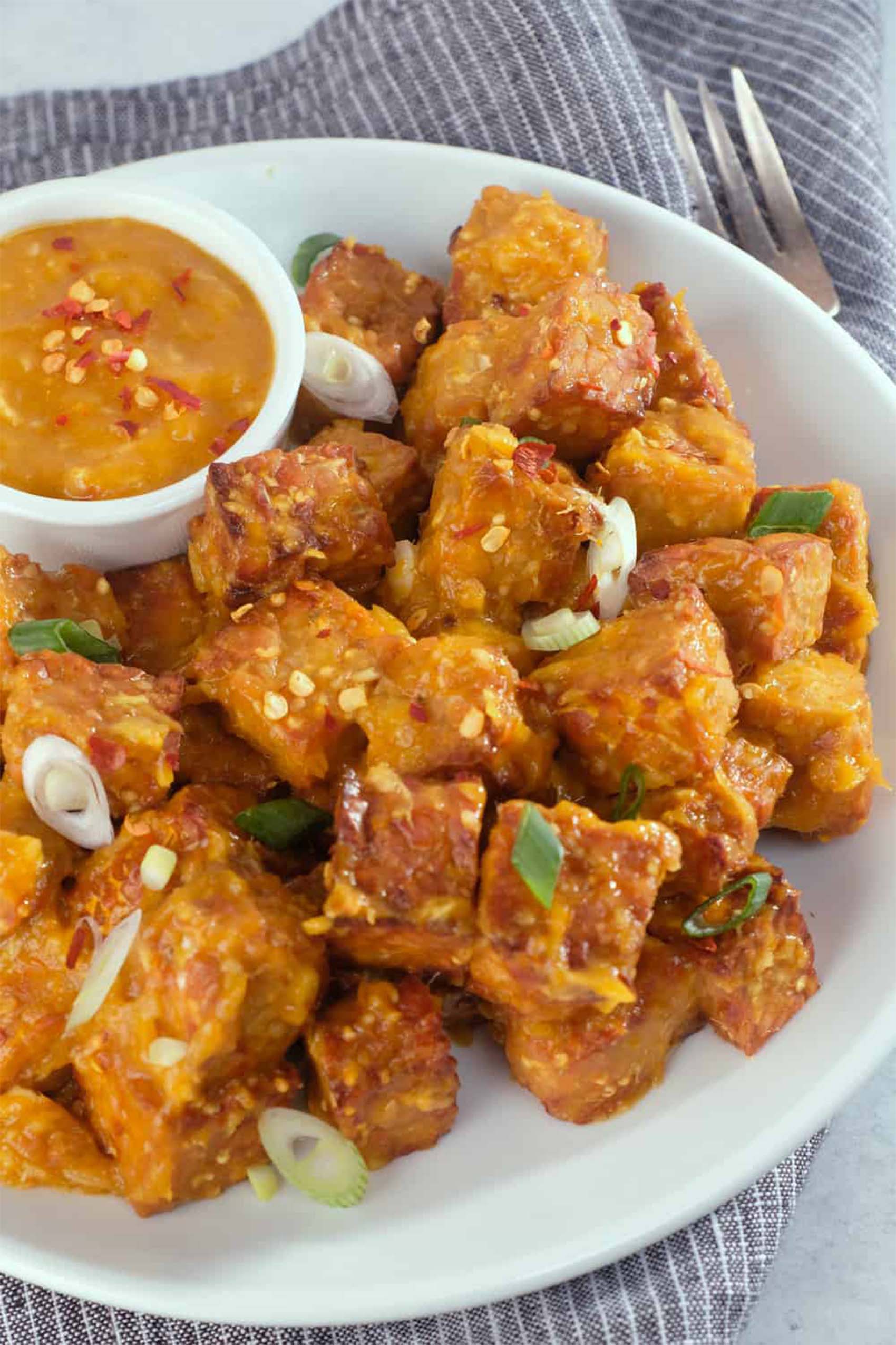 a plate of fried tempeh served with a mango sauce