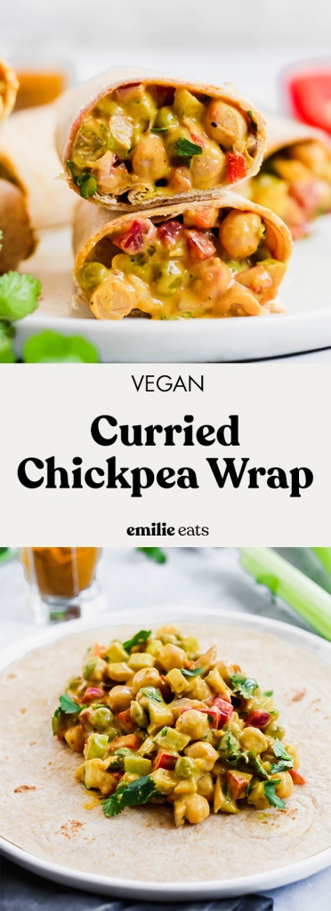 This Curried Chickpea Wrap is a simple, no-cook option for a quick lunch! Filled with beans, vegetables, & a creamy curry sauce, this wrap makes for a nutritious & satisfying meal.